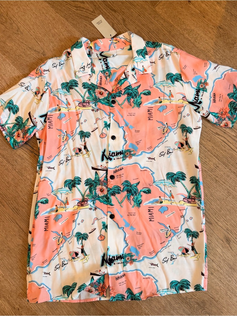 River Island Coral & Teal Miami Map Button-Down Shirt for Kids boys tropical NWT